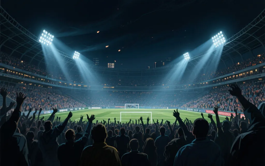 夜场球场氛围插画，看台助威与灯光，强调主场感与心理压力