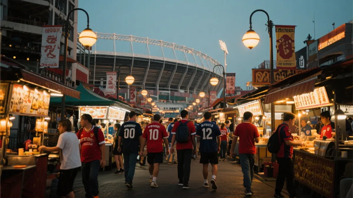 2026世界杯城市文化：球迷在球场外的美食街区交流，街灯与摊位氛围浓厚