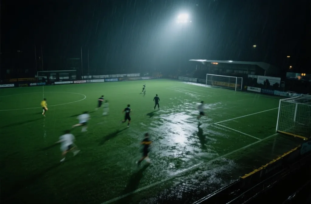 夜间雨战球场的俯视图，灯光下草皮湿滑，球员奔跑形成拖影
